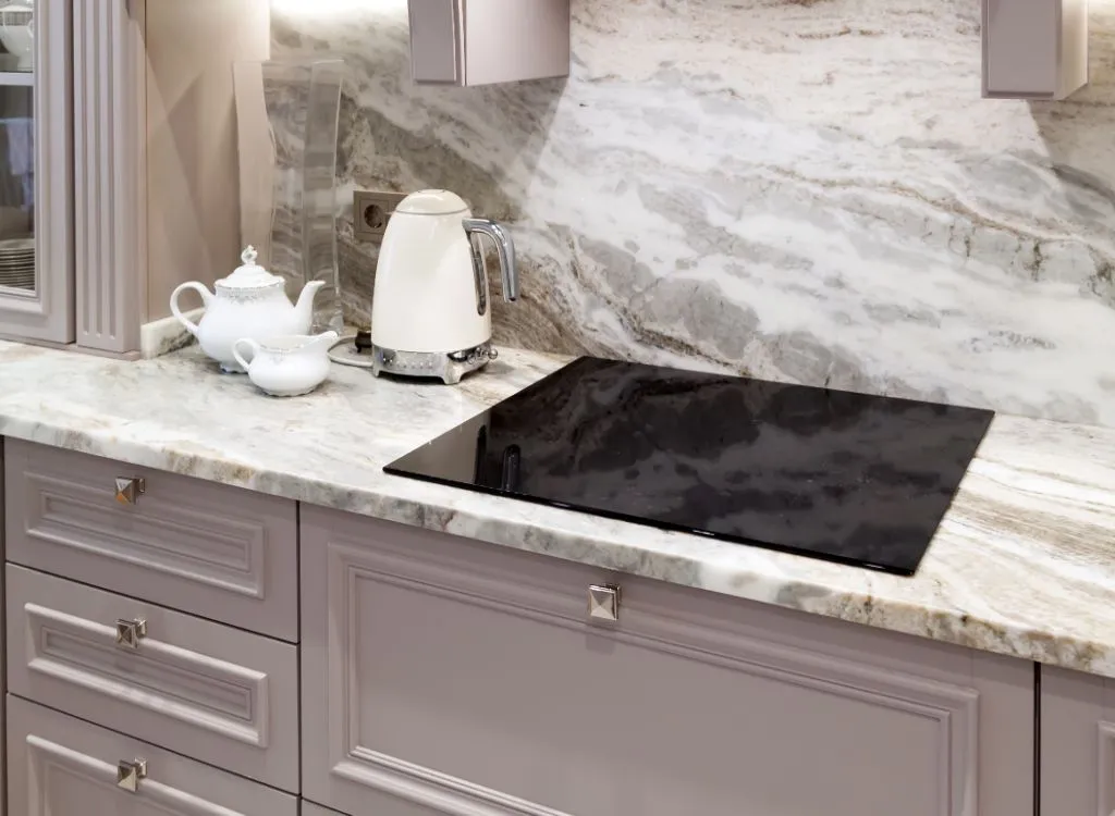 Closeup of marble looking quartz countertop