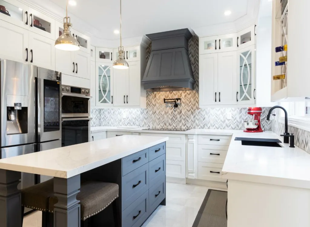 Quartz countertops in large kitchen