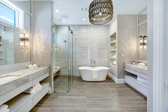 Huge home bathroom with both a tub and shower