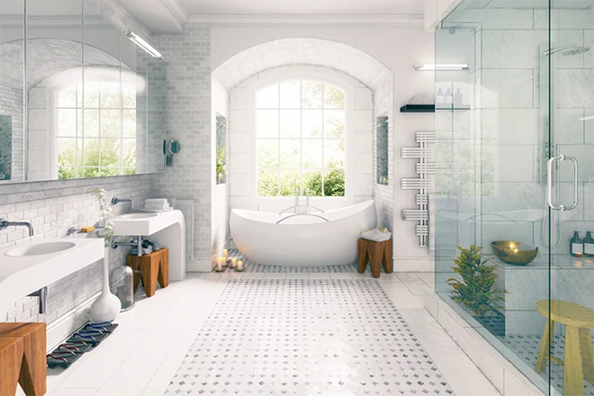 Master bathroom with separate bathtub and shower and modern vanities