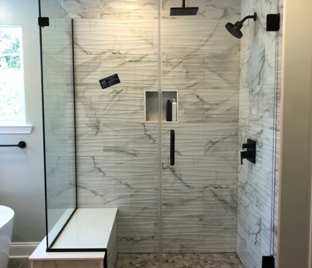 Shower with an exposed rain shower head