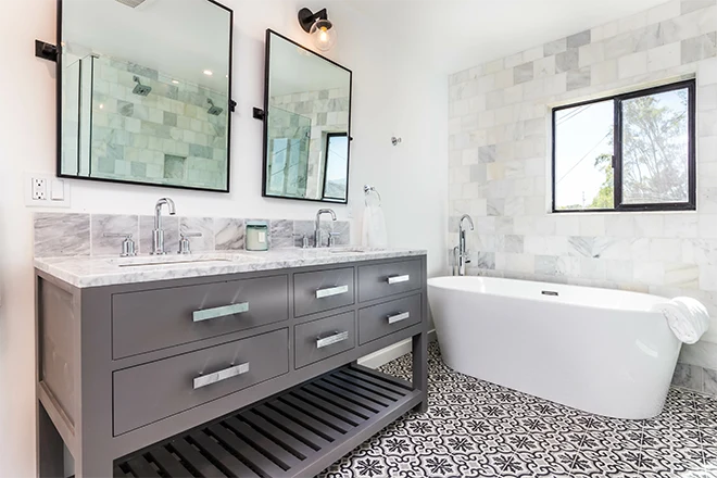 Free-standing tub on custom tile